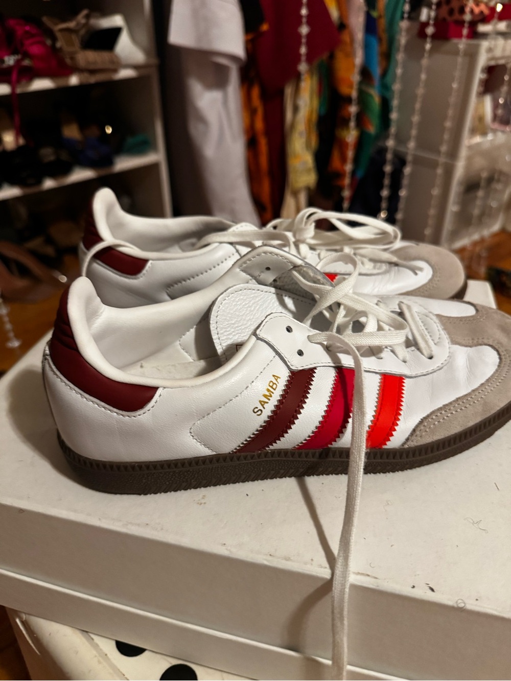 adidas Samba Leather Sneakers in White with Red Accents